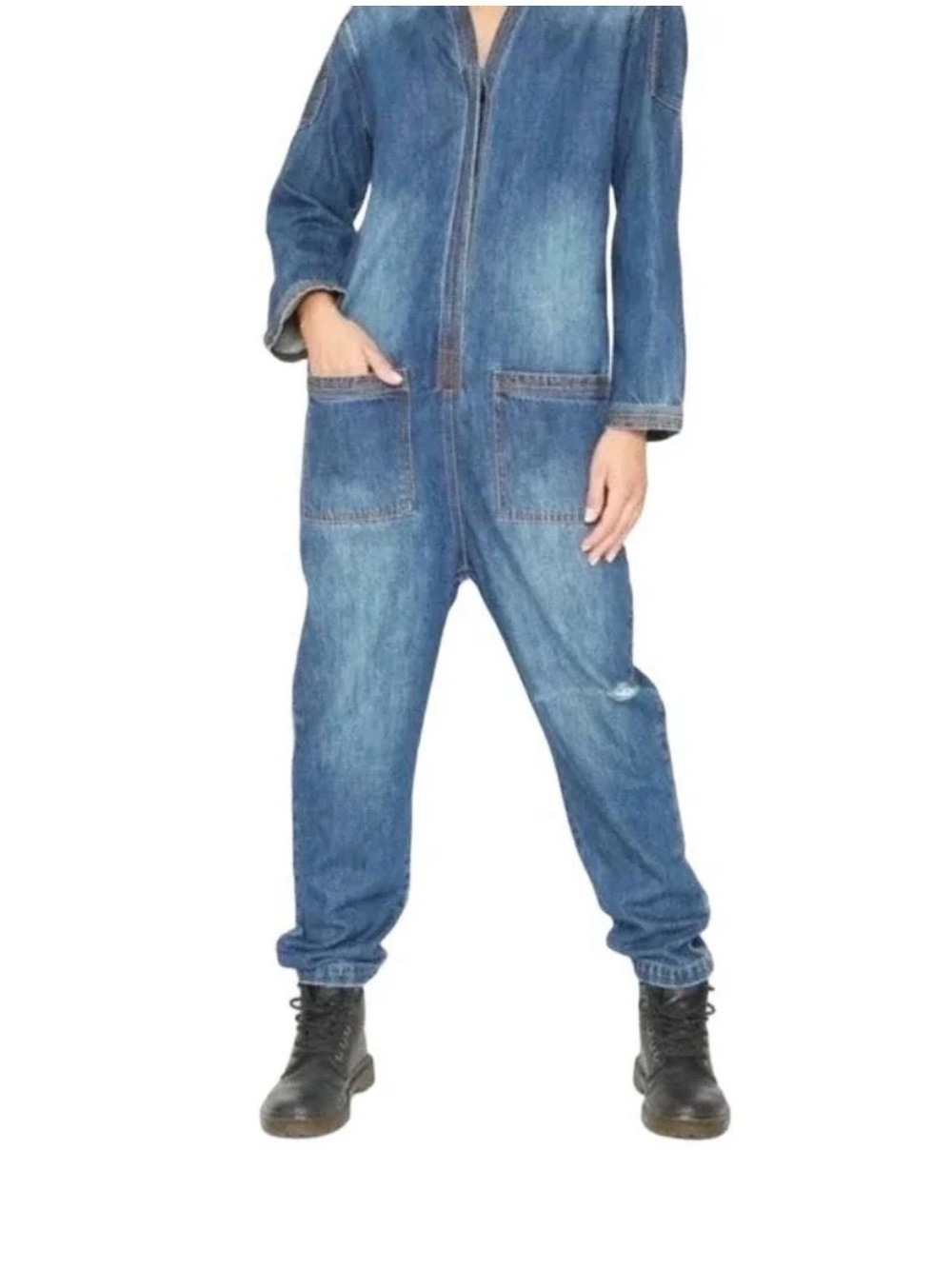 Free People Denim Blue Zip-Front Jumpsuit